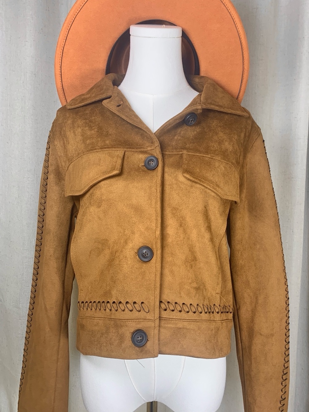 Kadriye Baştürk Camel Faux Suede Jacket Whipstitch Trim Button Front Size 36